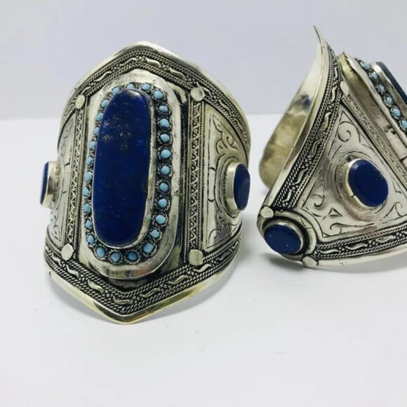 Single Vintage Afghan Cuff Bracelet: Lapis, Turquoise, Sterling Silver Tribal - Picture 12 of 12